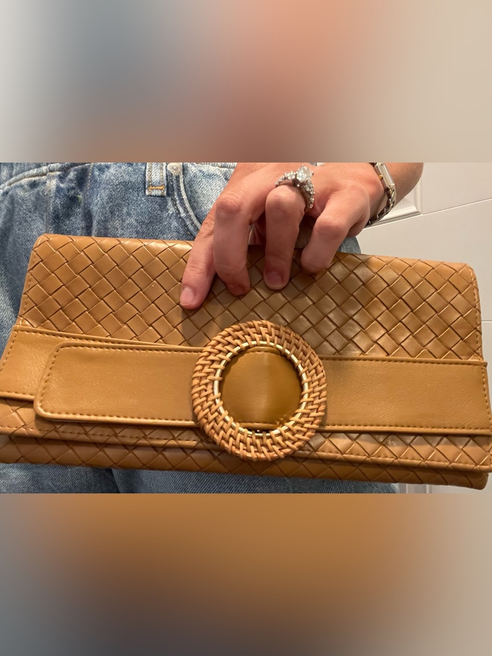 Sondra Roberts Tan Woven Leather Crossbody with Decorative Ring